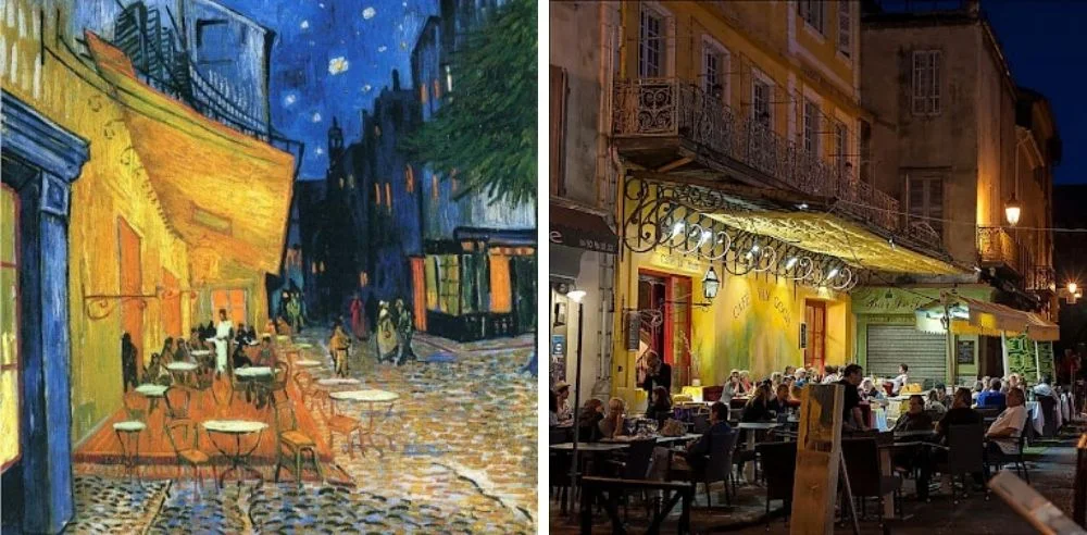 Cafe Terrace is lauded for its use of contrasting colors. The starry sky is a precursor to Van Gogh’s famous Starry Sky painting. Via moma.org | The original cafe is now called Cafe Van Gogh. Photo via shutterstock.