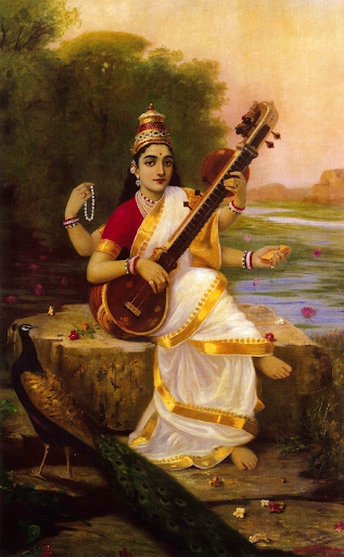 Sarasvati, the Hindu goddess of music, art, and learning is often depicted playing the sitar. Art by Raja Ravi Varma, 1896.
