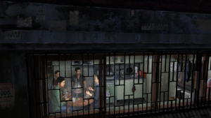 The concept art for Parasite shows the Kim family united at their table against the stark dirt and darkness of the building outside. Via Pinterest. 